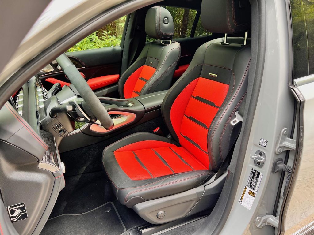 Mercedes AMG GLE 53 Coupeedes' AMG GLE 53 Coupe, red and black leather front seats