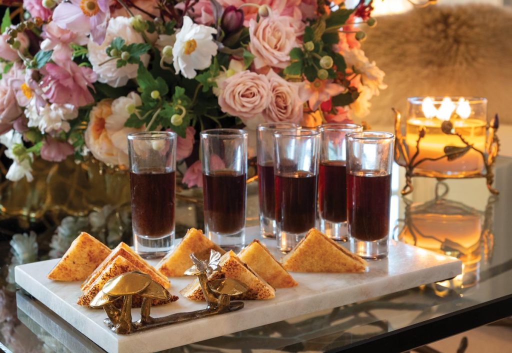 French onion soup grilled cheeses and mushroom consommé shots on the Mushroom Cheeseboard