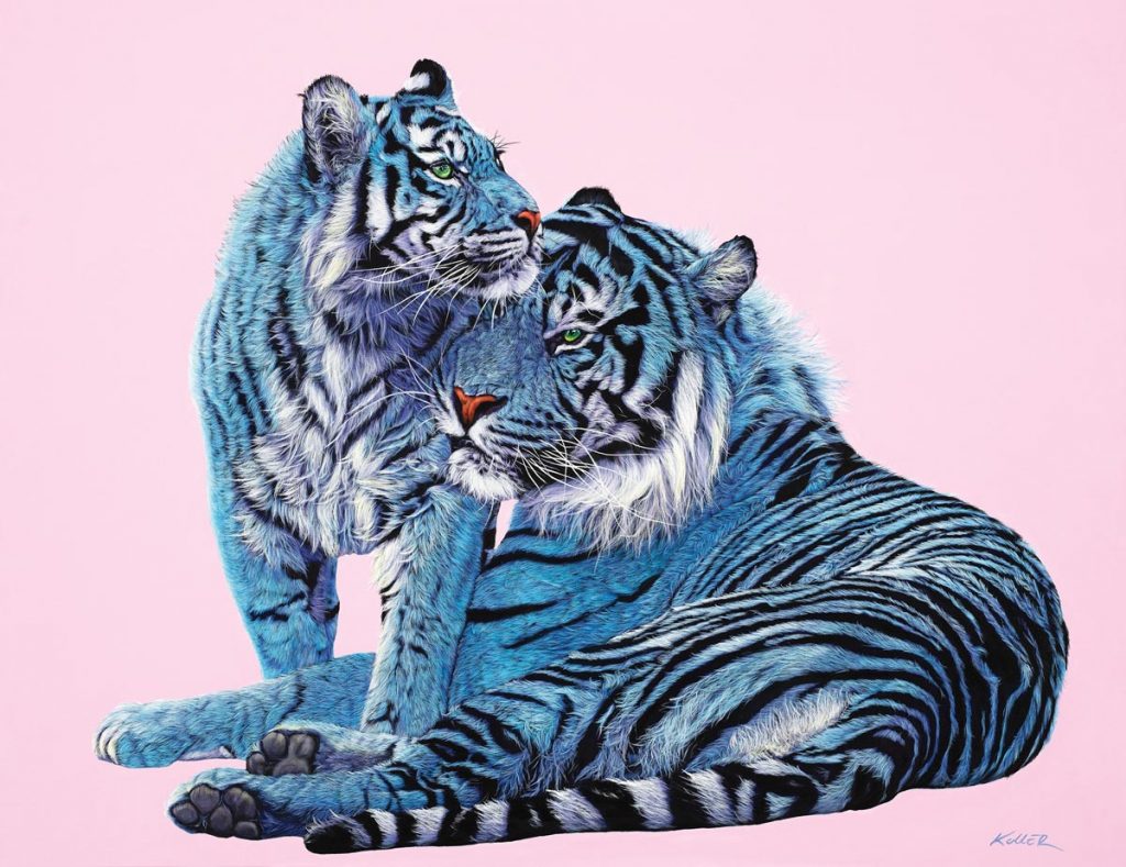 Two Tigers on Pink by Helmut Koller